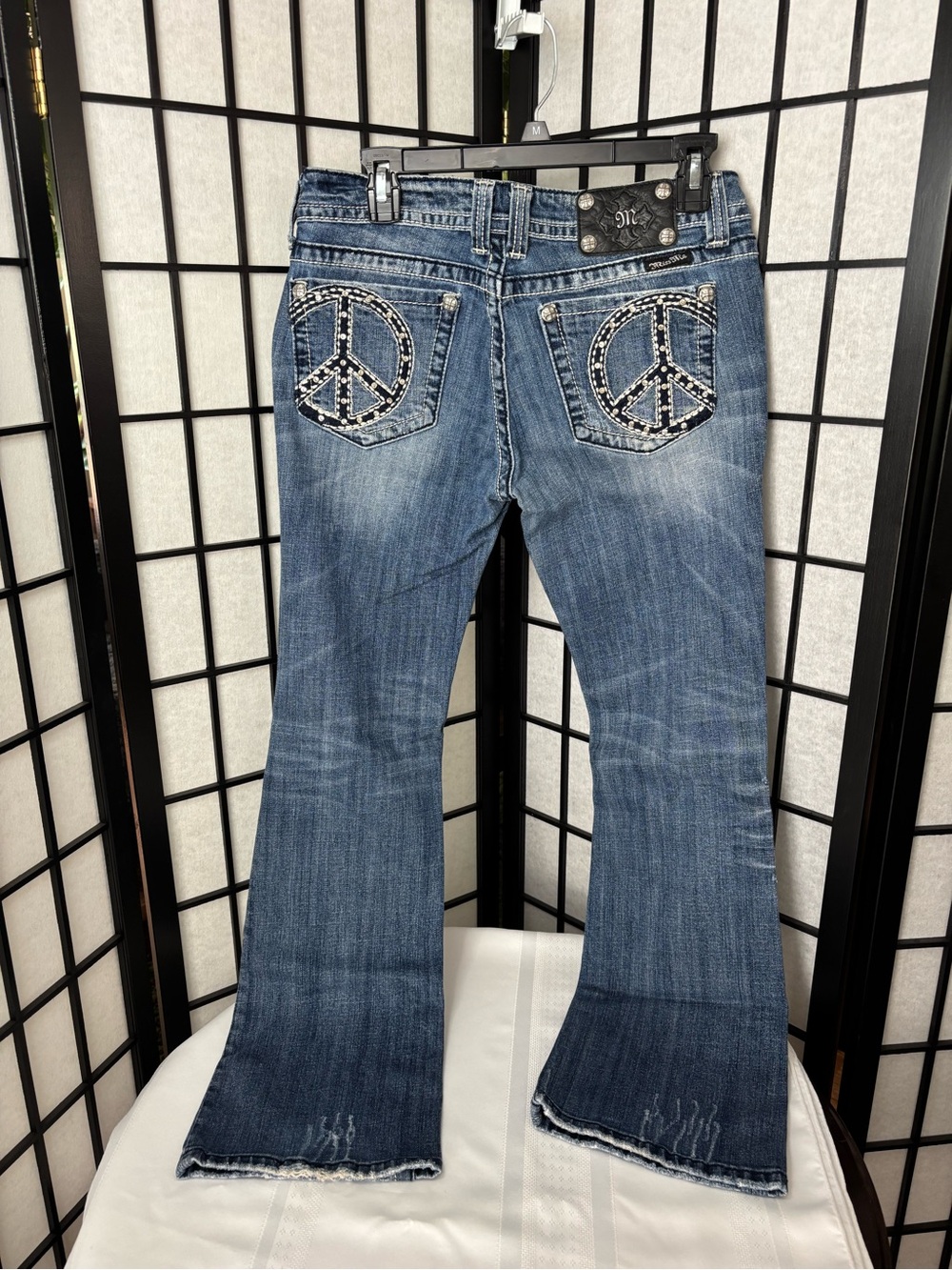 Miss Me Blue Embellished Peace Sign Bootcut Jeans-Size 30x31